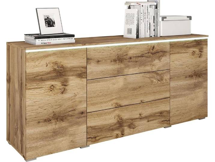 MIRJAN24 Kommode Vera, Griffloses Öffnungssystem, Sideboard, Stilvoll Highboard Schrank (Farbe: Wotan / Wotan, mit weißer LED Beleuchtung)