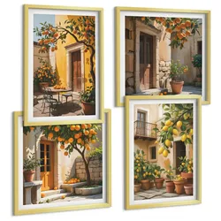BILDER SET 4er Set - 50x50 cm & 40x60 cm Goldrahmen - Zitrusfrüchte in der Sonne