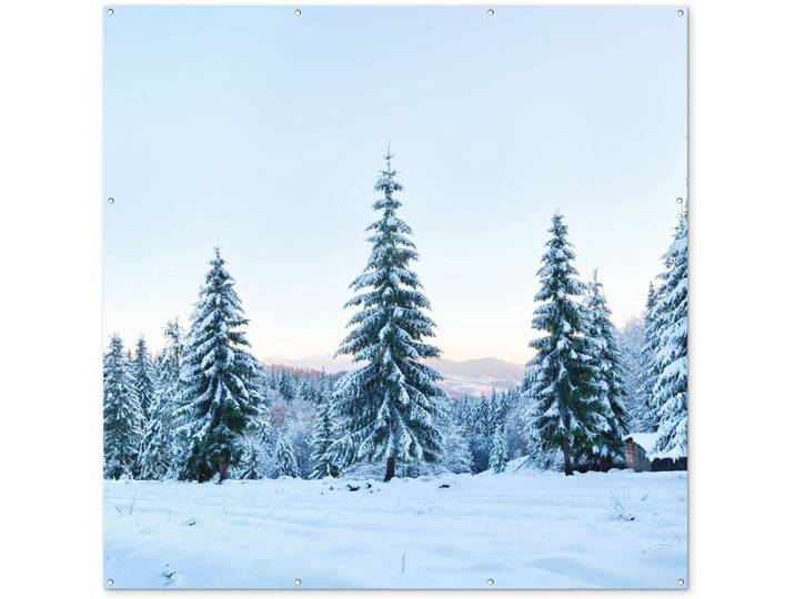 Tuinposter - Tuinschilderij bos - Tuindoek - Sneeuw - Bomen - Winter - Tuindecoratie - 200x200 cm