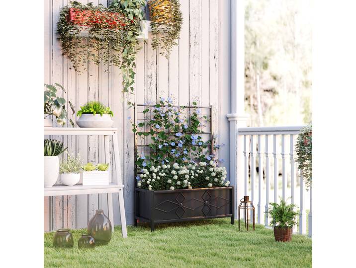 Outsunny Jardinière Surélevée avec Treillis Acier Noir 90x40x120cm