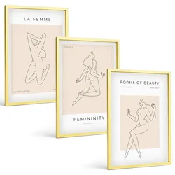 BILDER SET 3er Set - 40x60 cm Goldrahmen - Poster mit minimalistischen Frauensilhouetten