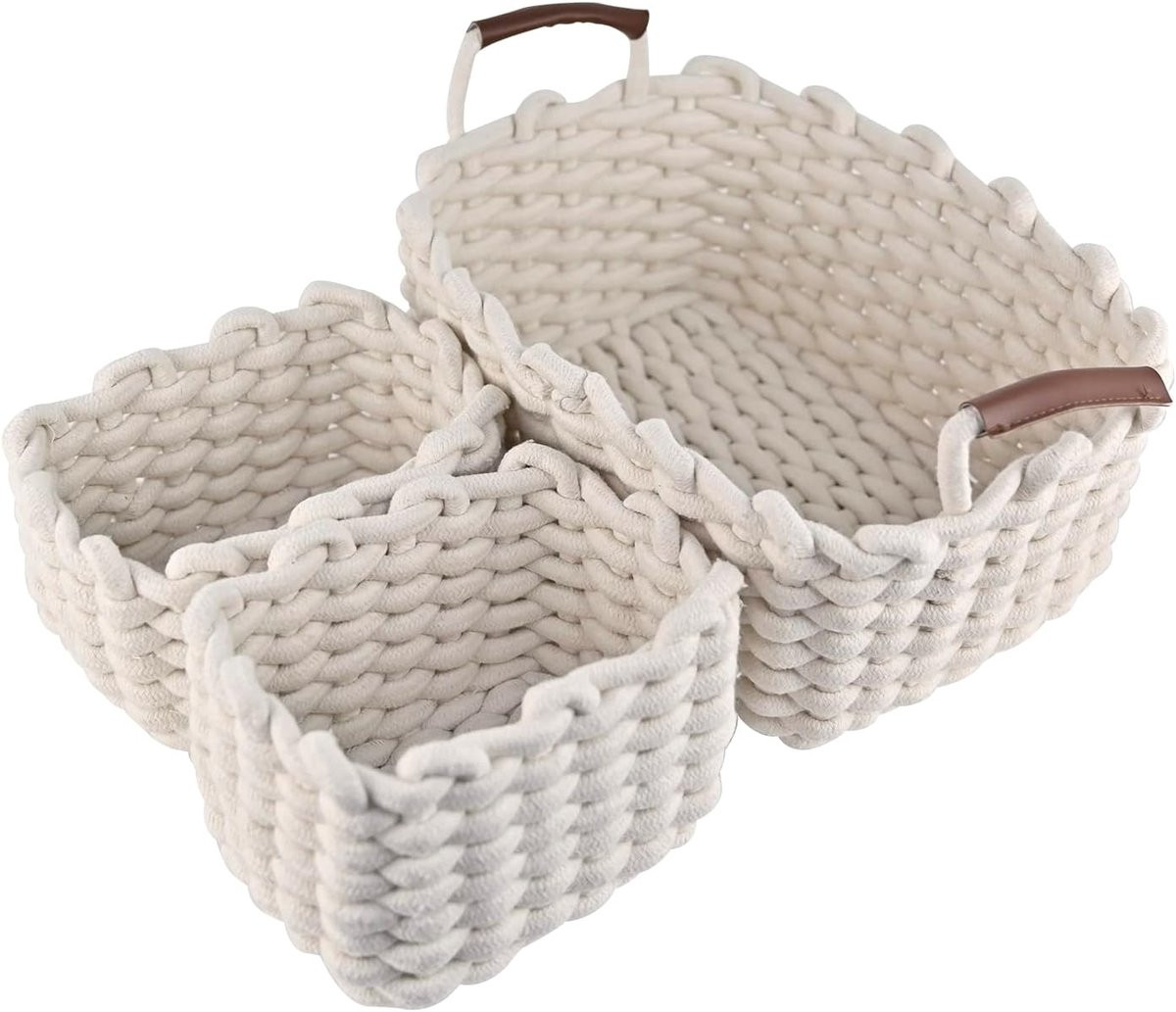 SnelShoppen Set van 3 Katoenen Opbergmanden met Handgrepen - Wit