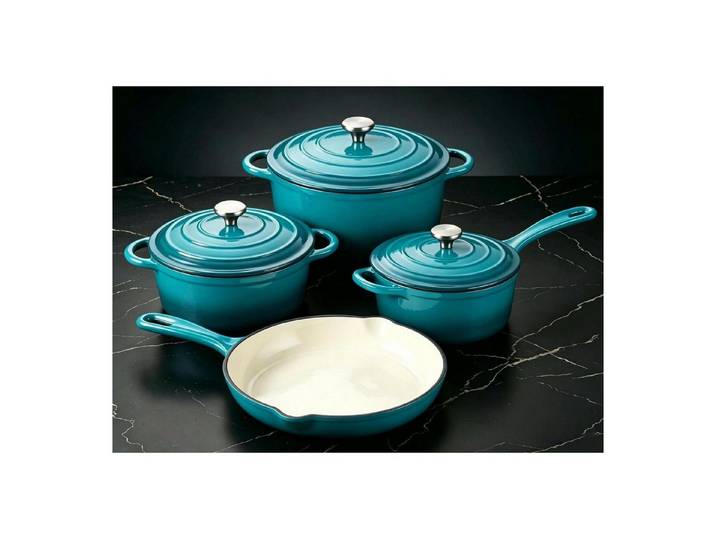 LuxusKollektion Bräter 4-tlg Emaille Gusseisen Kochgeschirr Set Teal