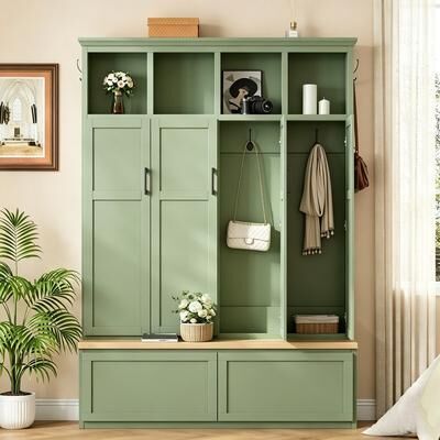 Modern All-in-One Hall Tree with 4 Hidden Cabinets, Mudroom Coat Rack and Open Shelves for Hallway