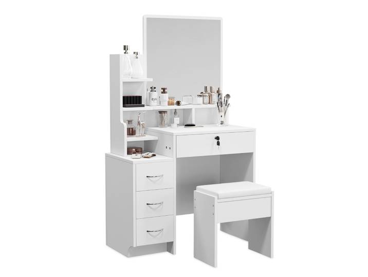 Coiffeuse blanche avec grand miroir et tabouret moelleux, ensemble de coiffeuse avec étagères de rangement ouvertes, 4 tiroirs, bureau de maquillage