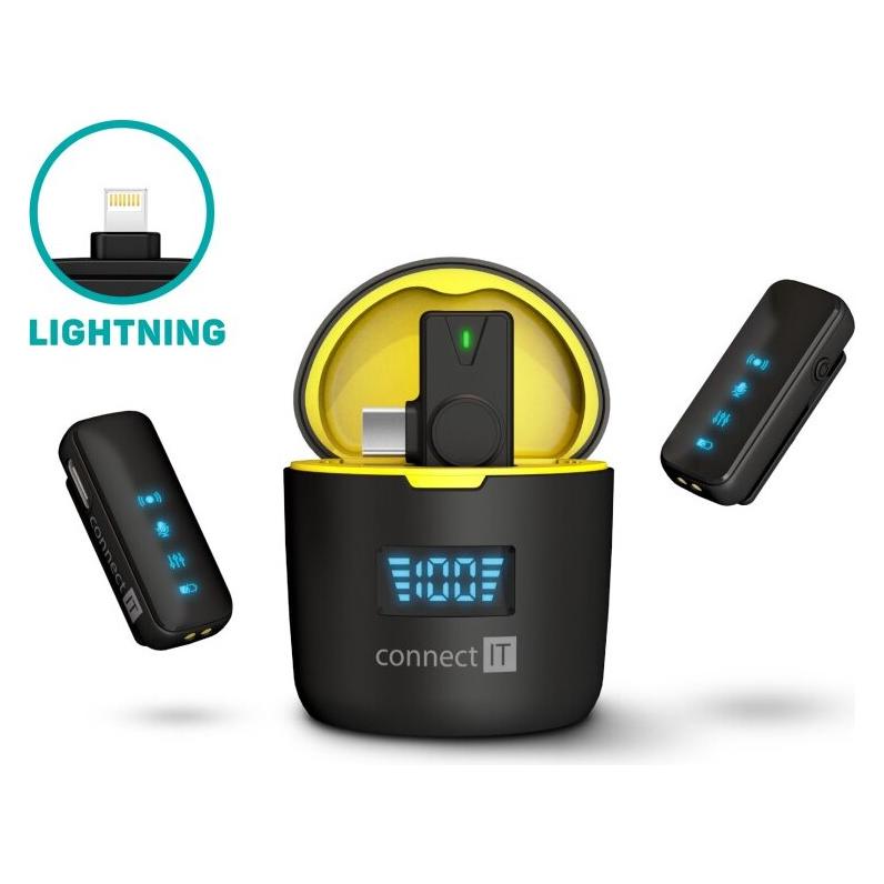 Connect IT Wireless mikrofon ClipMic Pro Lightning (2 ks + receiver) set s nabíjecím pouzdrem ČERNÝ (CMI-1021-BK)