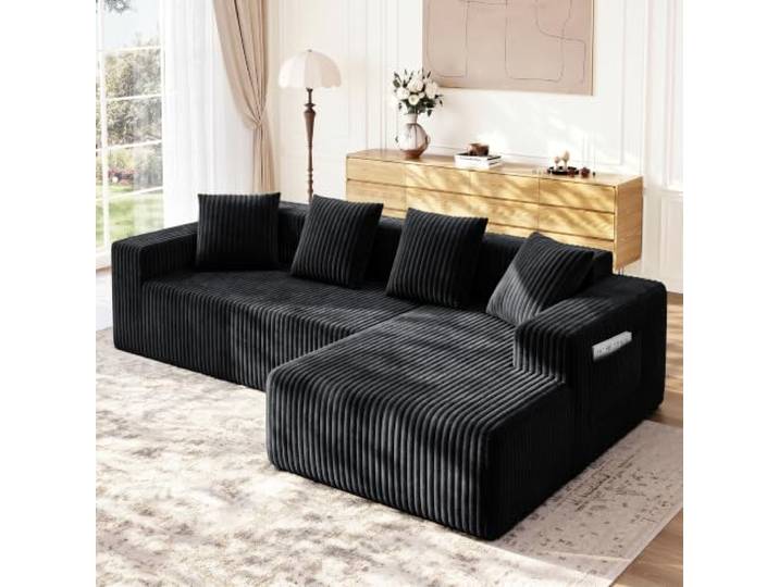 Welzona Modulares Sofa L Form, 261cm Boneless Couch, Ecksofa Cord Couch Hochdichter Schaumstoff Couch L Form, Extra Breite Armlehnen & Tiefer Sitz Eckcouch, Ohne Aufbau, Sofa 3 Sitzer,Sofas Schwarz