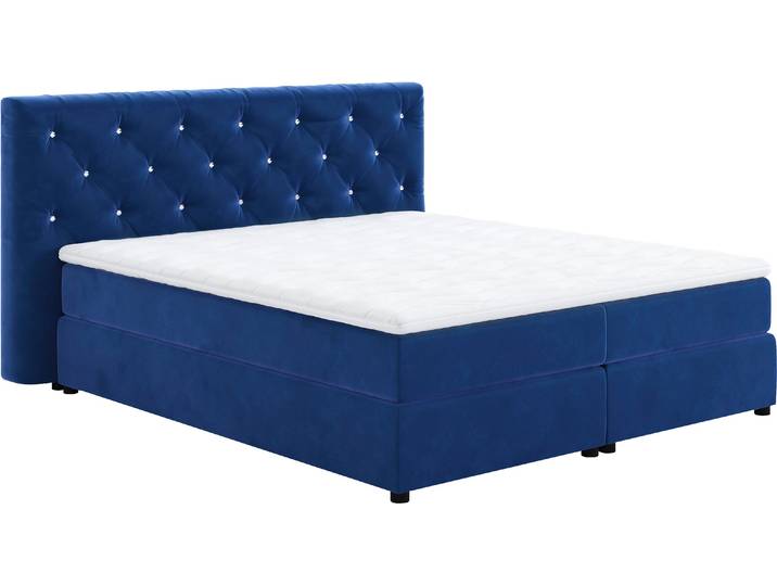 Boxspringbett, Blau, 207x222 cm, 100% Polyester, Mit Strasssteinen, Modern, Cotta