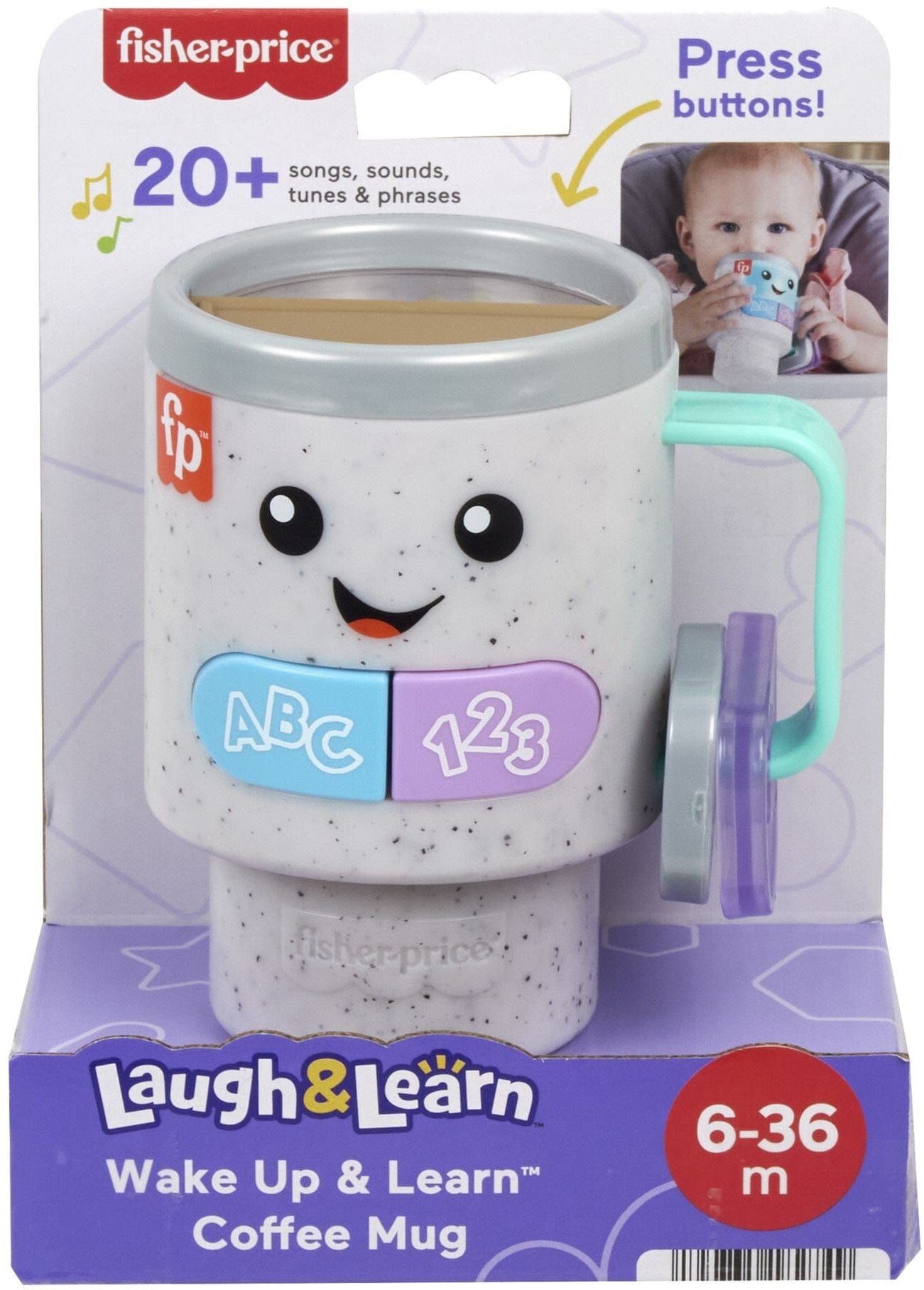 Fisher Price Wake Up and Learn Coffee Mug Interactive Learning Toy for Babies - 20+ Songs and Phrases - Mattel