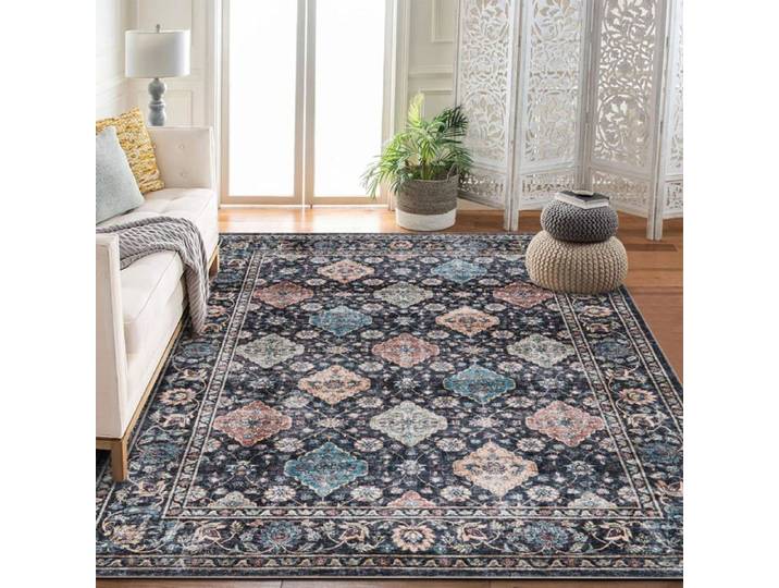 Tapis floral vintage - LUNSY - Lavable en machine - 200x290 cm - Cachemire synthétique - Motif floral - Antidérapant