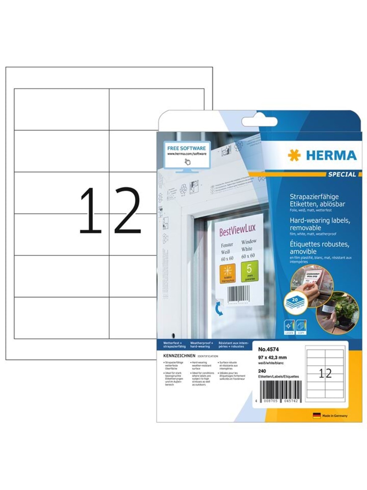 HERMA Wetterfeste Folien-Etiketten A4, 97,0 x 42,3 mm, weiß, wiederablösbar