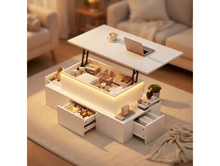 CollaHausse Table Basse Relevable 100x50cm 4 Tiroirs LED Brillante Blanc MDF