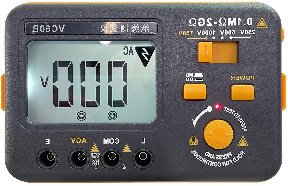 Digitale isolatieweerstandstester Megohmmeter Megger meter 2GΩ met LCD-display en AC 750 V spanningsmeting, geel/zwart