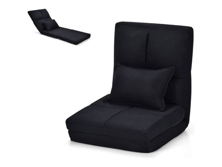 COSTWAY Chaise de Sol Convertible à Lit Ajustable 6 Positions 90°-180° en Lin avec Coussin Noir