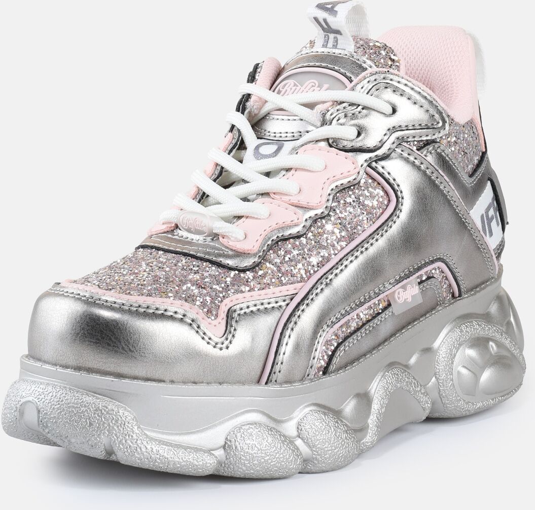 Plateausneaker BUFFALO "CLD CHAI", Damen, Gr. 36, Textil, silber (silberfarben rosa), Lederimitat, Schuhe Plateausneaker, Chunky Sneaker mit Logoschriftzug und Glitter-Details silberfarben rosa 36, Textil