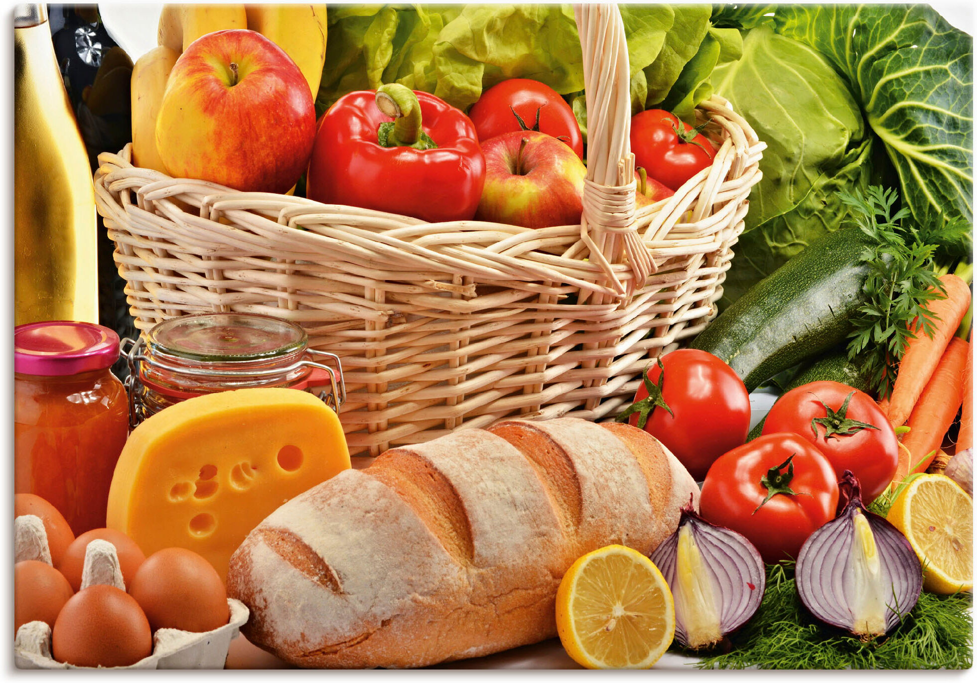 Leinwandbild ARTLAND "Gesund Leben - Obst und Gemüsekorb", bunt (farbe bild(er): bunt), B:100cm H:70cm, Bilder, Leinwandbild, auf Holzrahmen gespannt farbe bild(er): bunt B/H/T: 100cm x 70cm, Leinwandbild Lebensmittel Querformat, 1 Stk.