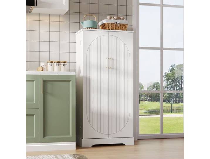 Buffet 60×35×128 cm blanc en PB/MDF avec éclairage LED à capteur et étagères réglables