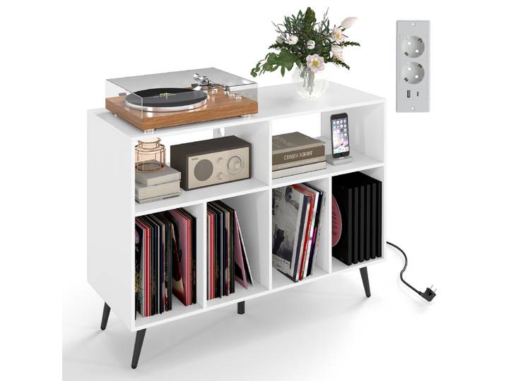 Platenstandaard met Oplaadstation Platenstandaard met Vinylopslagrekken Wit