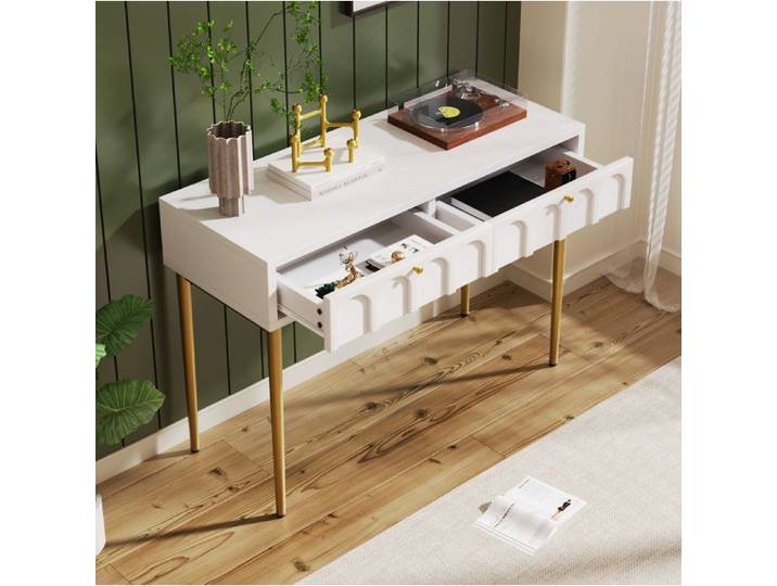 VUENOR Coiffeuse 2 tiroirs 100 x 45 x 76 5 cm blanc crème avec rangements