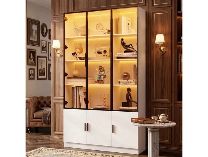 Grande Vitrine Salon - 120x32x200cm - LED Connectée App - 6 Portes Soft-Close - Verre Trempé & MDF - Blanc