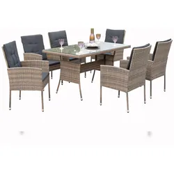 Merxx Menorca Set 19tlg., 6 Sessel inkl. Sitz- und Rückenkissen, 1 Tisch 140 x 80 cm, Stahl/Kunststoffgeflecht