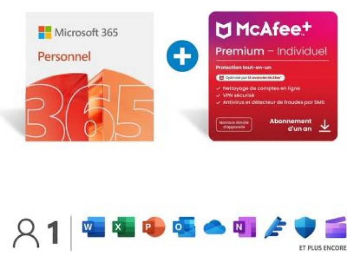 Microsoft - Logiciel De Bureautique M365 Personnel 2025 + Mcafee+ Individual