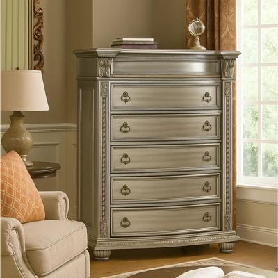 Benjara Caitlin 58 Inch Tall Dresser Chest, Marble Top, Leaf Carving, Silver Wood