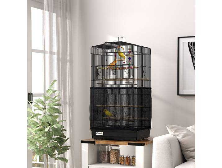 PawHut Cage Oiseaux Noir 46.5x35.5x92cm avec Perchoirs et Balançoire