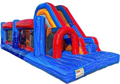 XJUMP 30 ft. Long Retro U-Run Commercial Grade Inflatable Obstacle Course Combo with Climbing Wall and Water Slide Inflatable