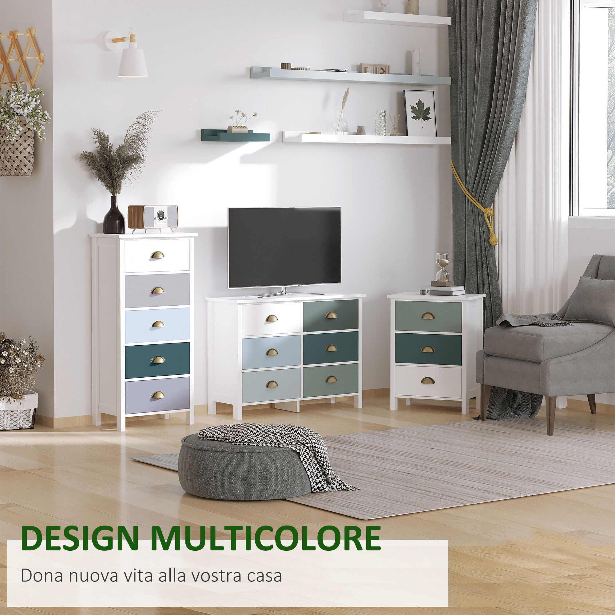 Altro Mobile Cassettiera Con 5 Cassetti Colorati, Comò Alto E Salvaspazio, Multicolore Blu