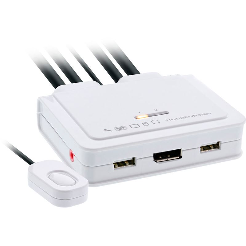InLine KVM Switch, 2-fach, USB-C + DisplayPort zu DisplayPort 1.2, 4K, mit Audio, integr. Kabel