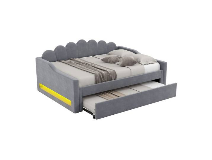 OKWISH Daybett Stauraumbett,Schlafsofa,Tagesbett (Gepolstertes 140x200 cm Tagesbett mit LED-Gürtel und Ausziehbett – Komfortable Leinenpolsterung, 7-farbige LED-Beleuchtung, Platzsparendes Design)