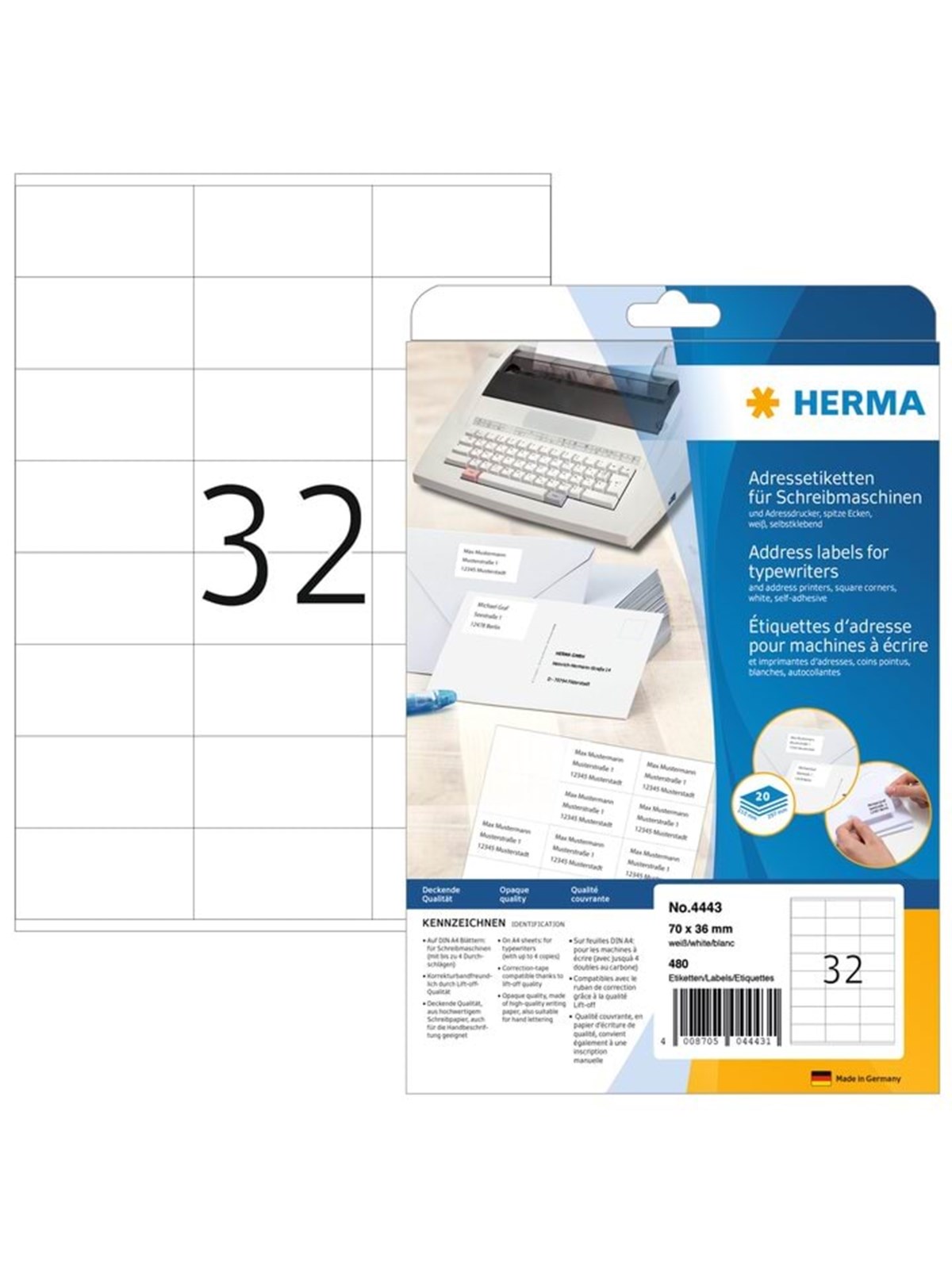 HERMA Adressetiketten für Schreibmaschinen, A4, 70 x 36 mm, weiß, permanent haftend