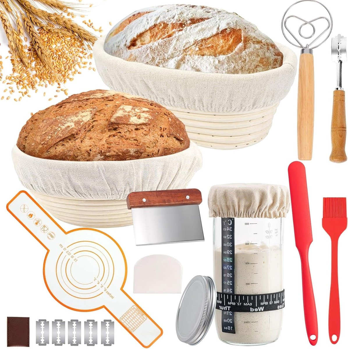 Complete Zuurdesem Starterset met Rijsmanden en Broodbakaccessoires voor Beginners en Ervaren Bakkers