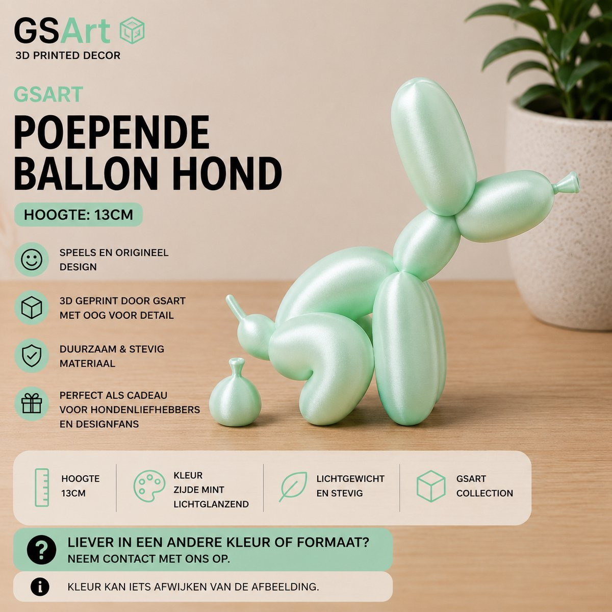 GSArt Decoratief Beeld Poepende Ballon Hond - Mint - 13 cm