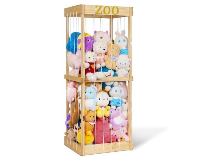 Trycooling Stofftier Zoo Stofftier Aufbewahrung Holz Plüsch Aufbewahrung Stofftiere Zoo Aufbewahrungskäfig mit Zoo Muster Gummiband für Kinderzimmer Spielzimmer Schlafzimmer (Holz)