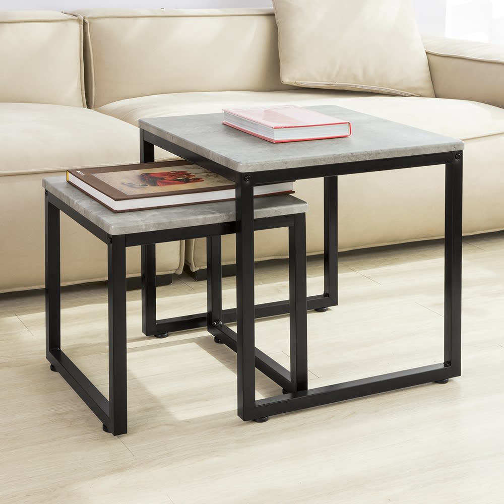 SoBuy Ensemble de deux tables basses à cadre en métal noir Gris 50x50x50cm