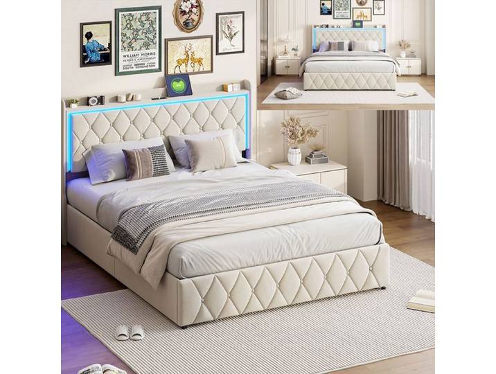 Lit 140x200 cm - LED - USB - tissu en Velours - cadre de lit adulte - lit adulte 140x200 cm - 140x200 cm - Beige