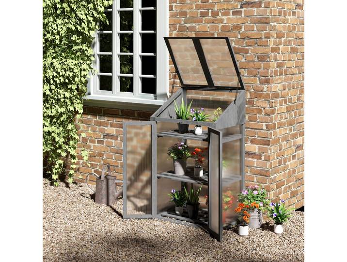 Outsunny Mini Serre, petite serre avec cadre en bois, fenêtre et double porte, 3 étagères, 70L x 50l x 120H cm, Gris
