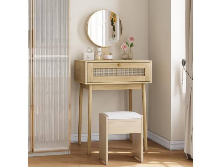Coiffeuse chêne 60 x 50 x 128 cm avec miroir rond tiroir de rangement style bohème compact
