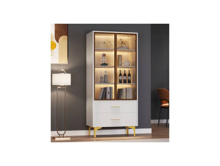 Vitrine - MUVOE - 2 Portes - Verre couleur thé - Pieds dorés - 70x35x150 cm