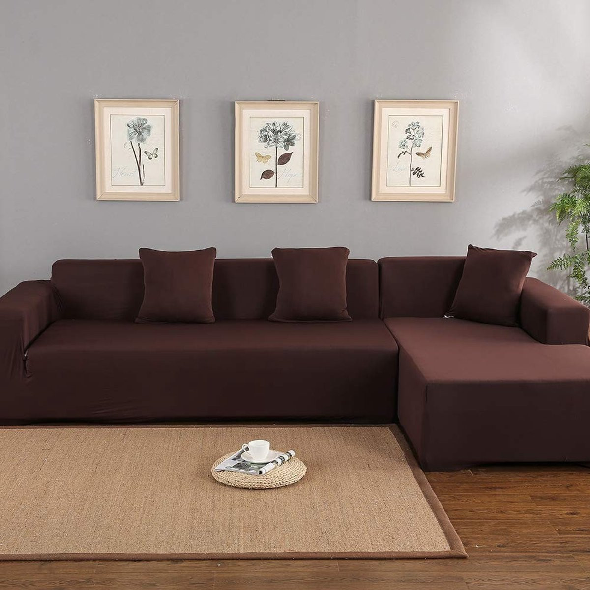 OmGoods Dailygoody Elastische Bankhoes voor Hoekbank - Bruin - Modulaire Bankovertrek van Polyester en Elastaan