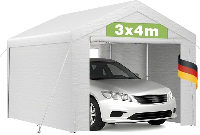 Zeltgarage Pavillon 3x4m mit wetterfester PE Plane, UV-beständig wasserdicht, abnehmbare Seitenwände, Metallrahmen, Bodenrahmen, Dachverstärkung, Carport für Auto, Werkstatt, Weideunterstand, Weiß