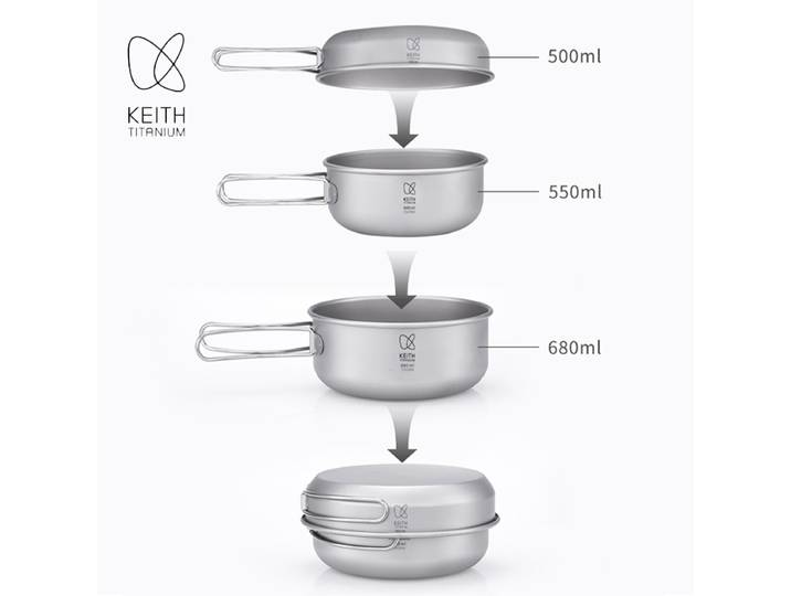 Ensemble de cuisine de camping compact en titane KEITH, 3 pièces, avec poignée pliable et sac de transport, léger et portable