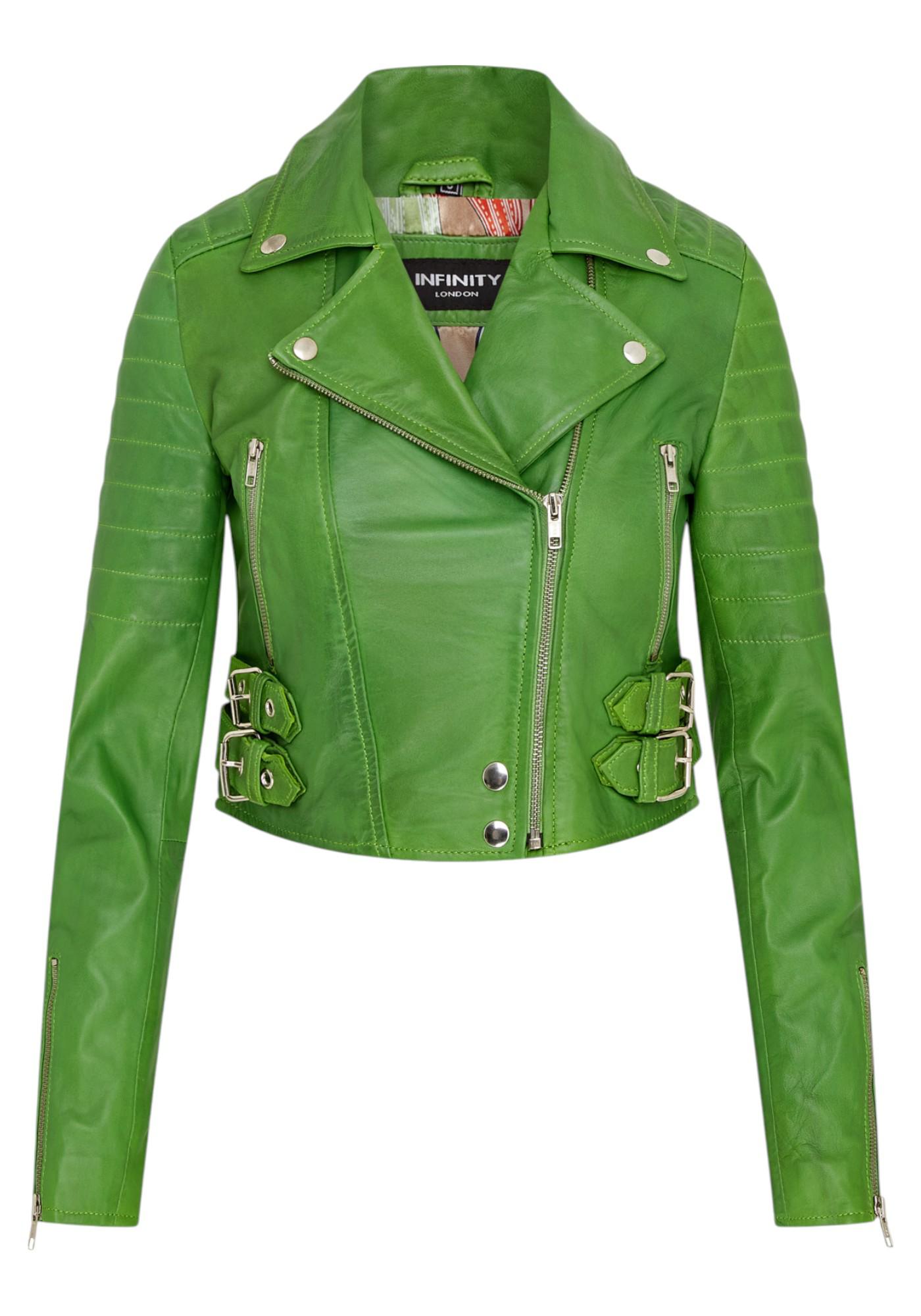Apfelgrüne, kurze Brando-Bikerjacke aus Leder für Damen – Damaskus