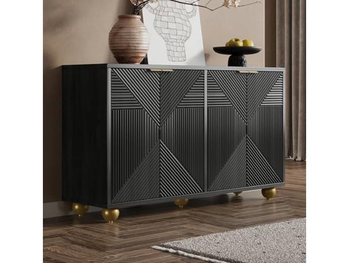 Calivra Sideboard 120 cm Schwarz mit 4 Türen, Reliefmuster und Goldakzenten Sideboard 120 cm, Schwarz, 4 Türen, Reliefmuster, MDF, verstellbare Einlegeböden, goldene Griffe, Vintage-Stil