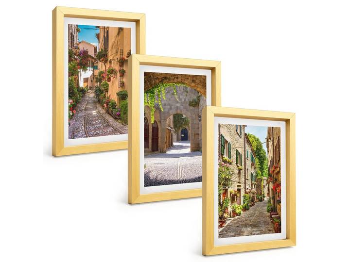 BILDER SET 3er Set - 20x30 cm Goldrahmen - Italienische Straßen, Blumen, Architektur