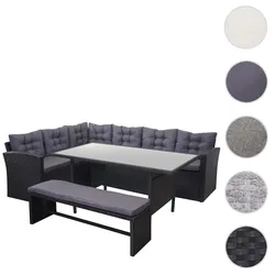Poly-Rattan-Garnitur HWC-A29, Gartengarnitur Sitzgruppe Lounge-Esstisch-Set, schwarz ~ Kissen dunkelgrau, mit Bank