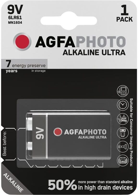 AgfaPhoto Alkaline 6LR61 9V blokbatterij voor rookmelders, meetapparatuur en audioapparatuur