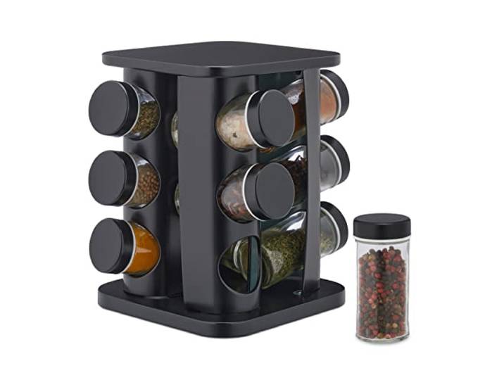 Relaxdays Tourniquet à épices avec 12 Pots en Verre\, chacun étant doté d'un Embout tamiseur\, remplir\, Acier INOX\, Noir